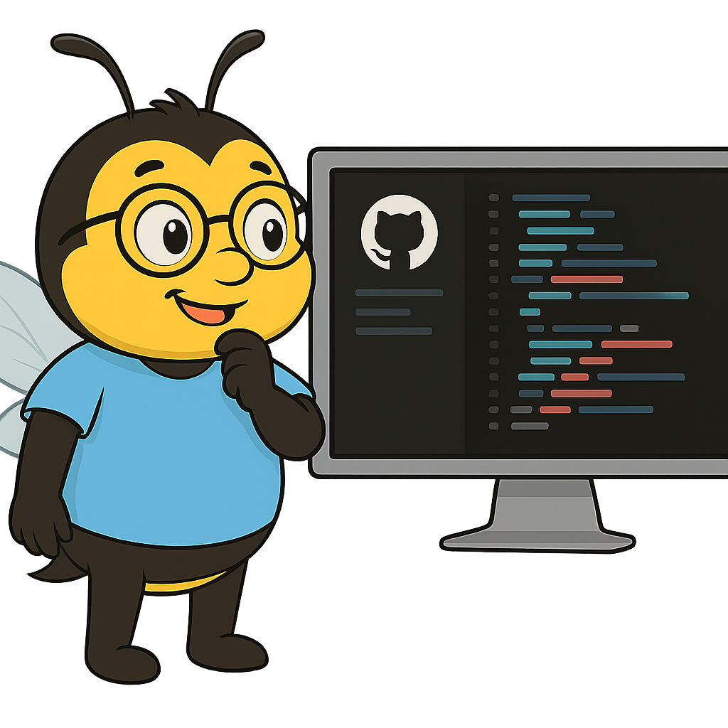 Maskoten Bertil tittar på en skärm med GitHub